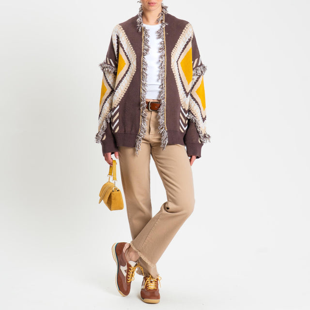 Tensione in-Cardigan rombi con frange - brown/beige/senape