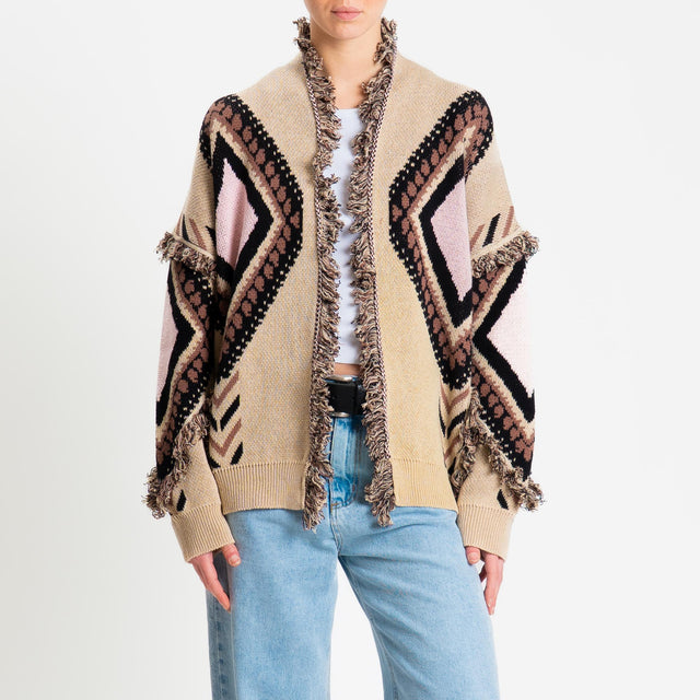 Tensione in-Cardigan rombi con frange - pink/beige/nero
