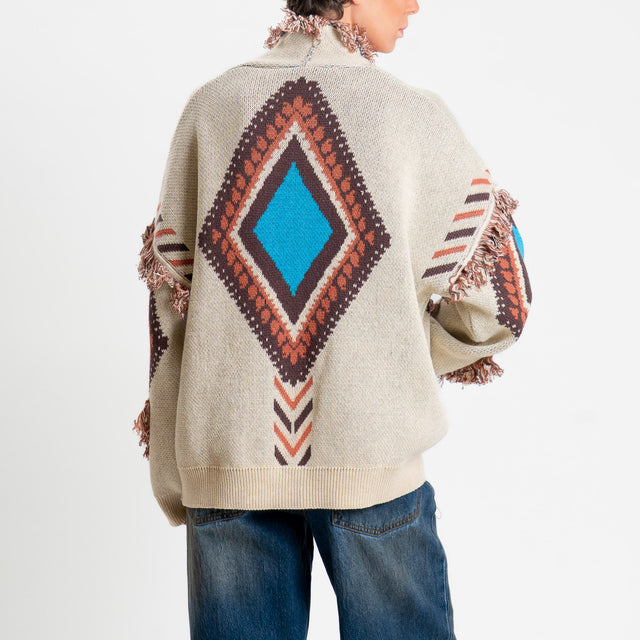 Tensione in-Cardigan rombi con frange - beige/moro/turchese