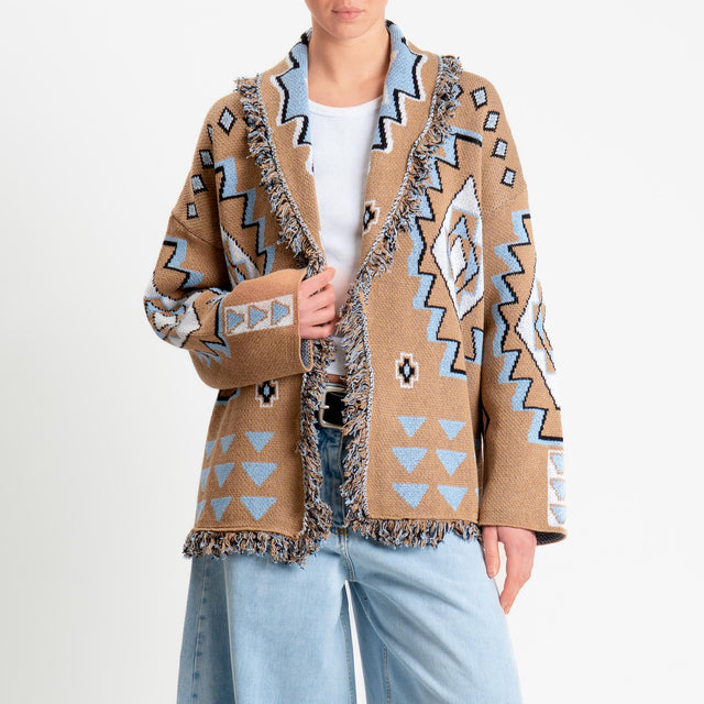 Tensione in-Cardigan jaquard alanui con frange - camel/cielo/latte