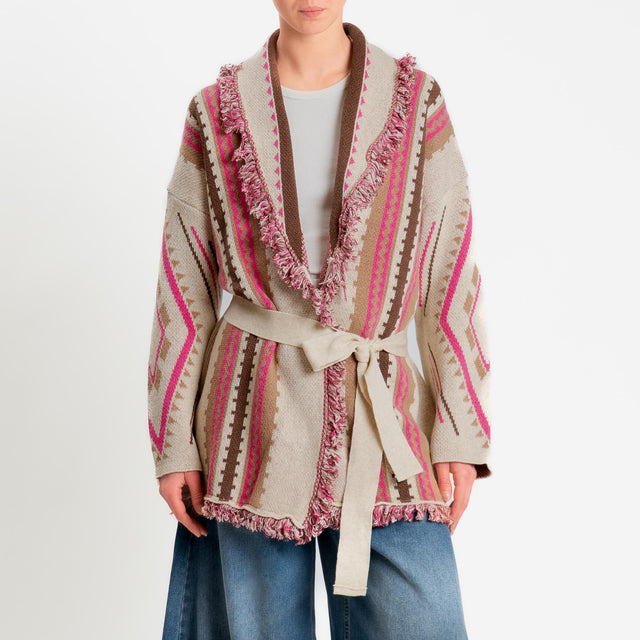 Tensione in-Cardigan jaquard sfrangiato con cintura - fucsia/beige/moro