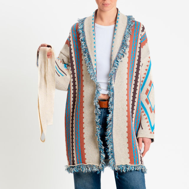 Tensione in-Cardigan jaquard sfrangiato con cintura - beige/cuoio/turchese