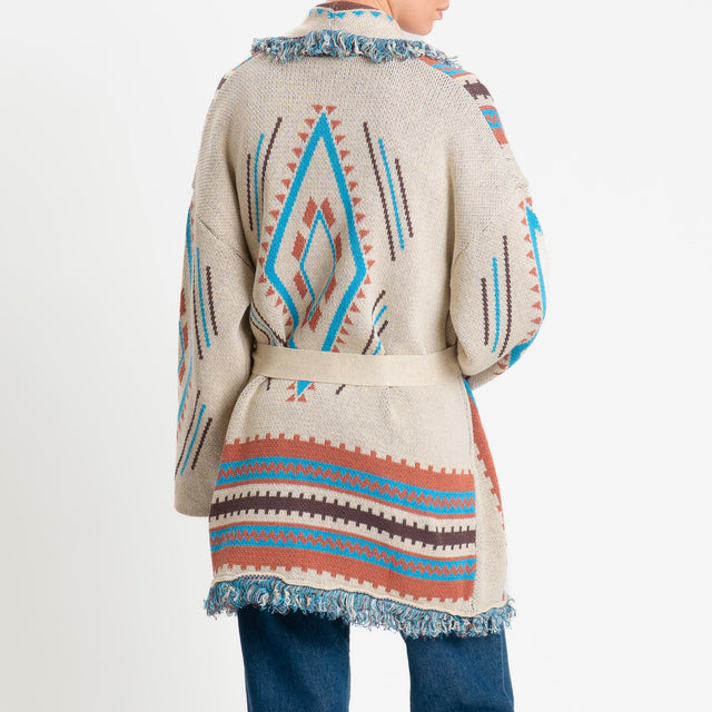 Tensione in-Cardigan jacquard sfrangiato con cintura - beige/cuoio/turchese