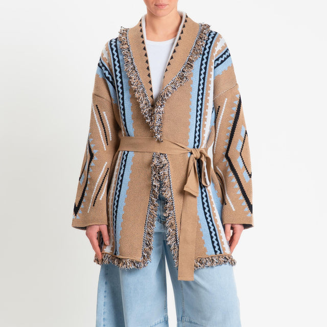 Tensione in-Cardigan jaquard sfrangiato con cintura - camel/cielo/latte