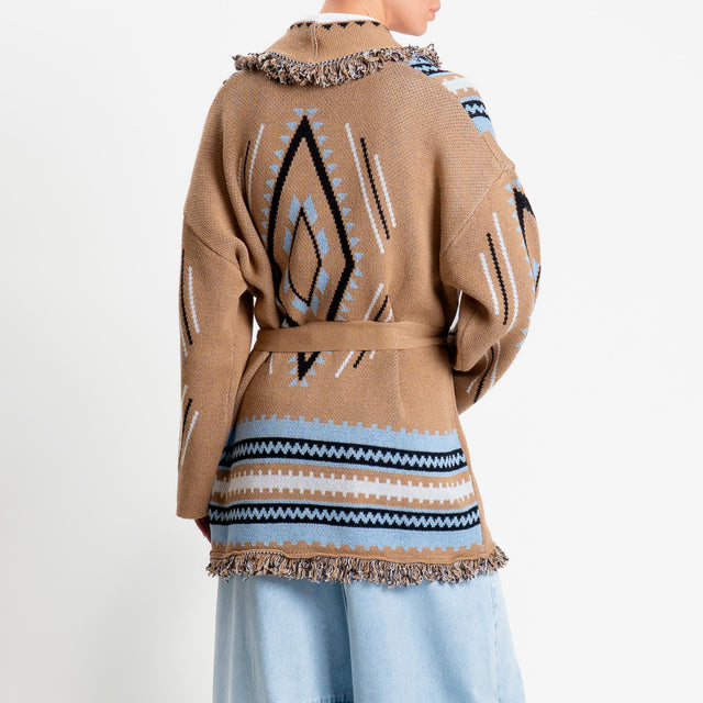 Tensione in-Cardigan jacquard sfrangiato con cintura - camel/cielo/latte