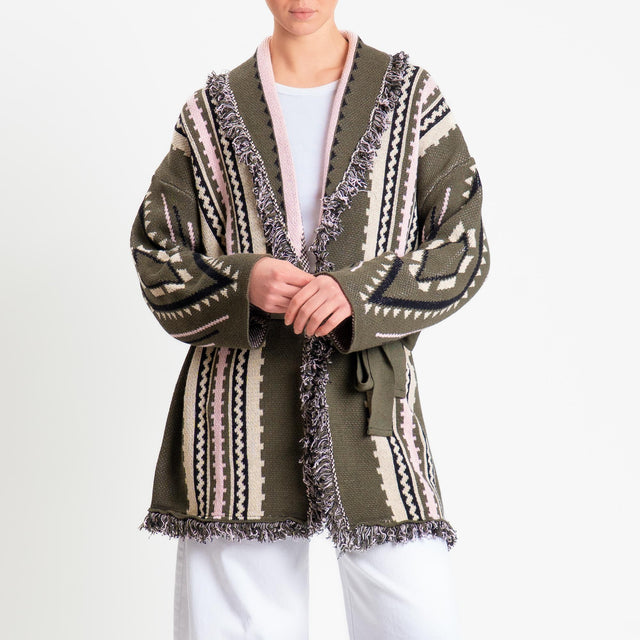 Tensione in-Cardigan jaquard sfrangiato con cintura - militare/rosa/beige