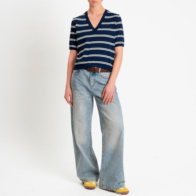 Tensione in-Maglia righe scollo v mezza manica - blu/yellow/bianco