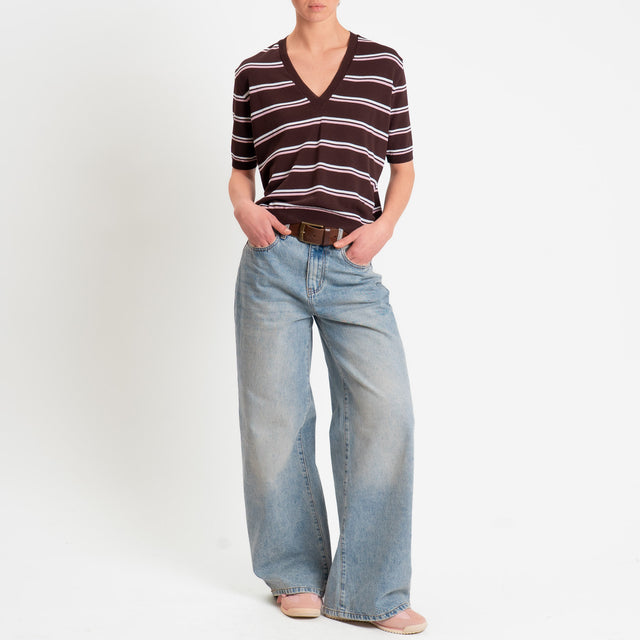 Tensione in-Maglia righe scollo v mezza manica - moro/bianco/rosa