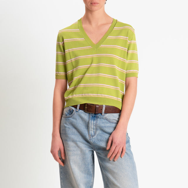 Tensione in-Maglia righe scollo v mezza manica - olio/rosa/miele