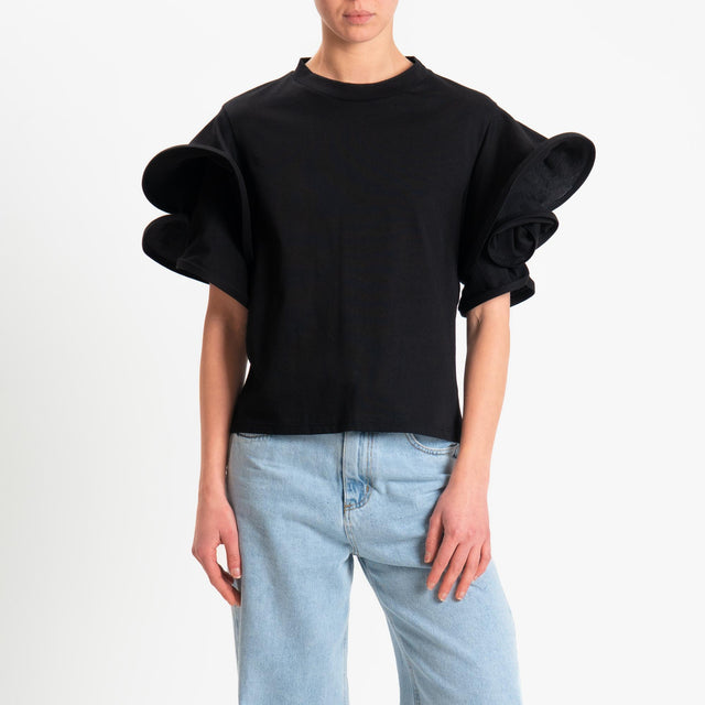 Tensione in-T-shirt mezza manica con rouches - nero