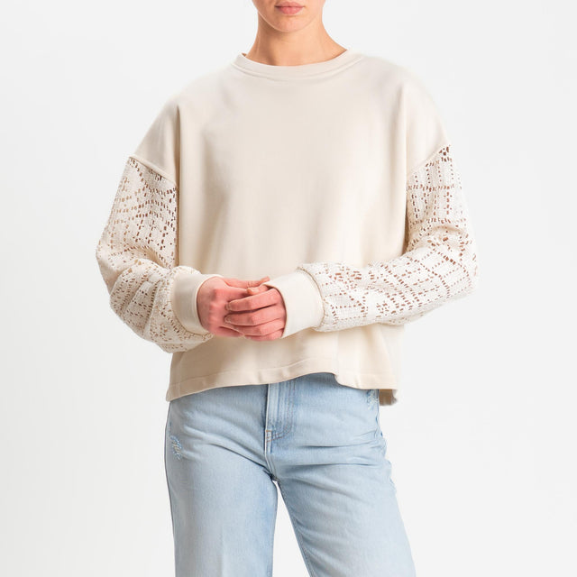 Tensione in-Felpa doppio tessuto manica in pizzo - panna/burro
