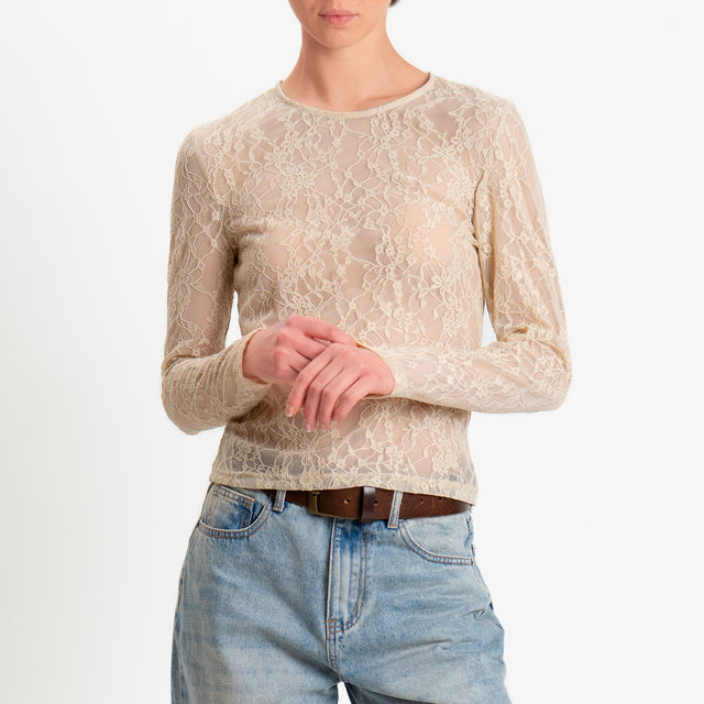 Tensione in-Blusa girocollo in pizzo - beige