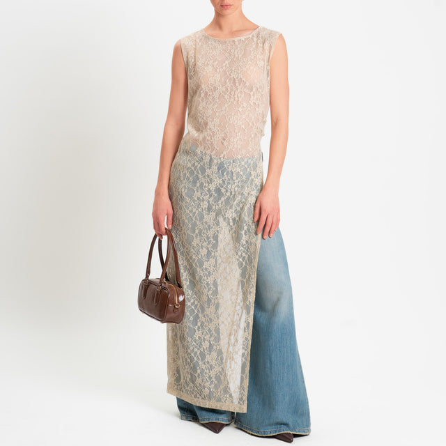 Tensione in-Abito smanicato in pizzo spacco laterale - beige