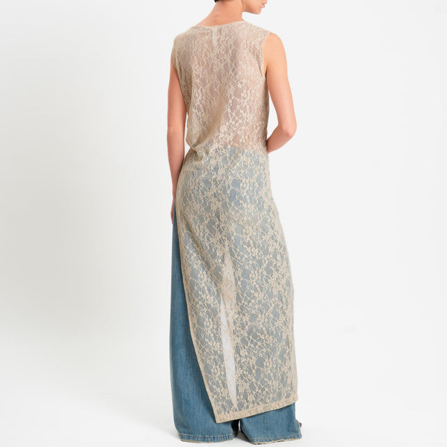 Tensione in-Abito smanicato in pizzo spacco laterale - beige