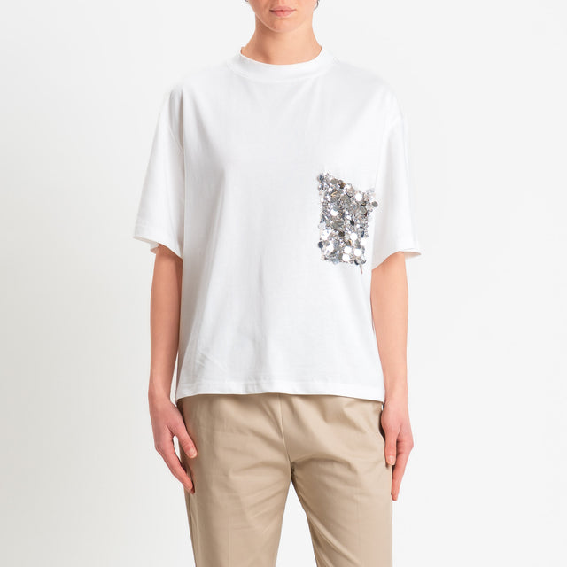 Tensione in-T-shirt tasca paillettes - panna/argento