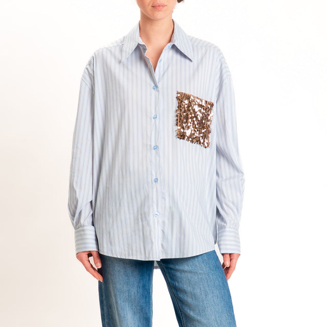 Tensione in-Camicia gessata taschino paillettes - celeste/panna/bronzo
