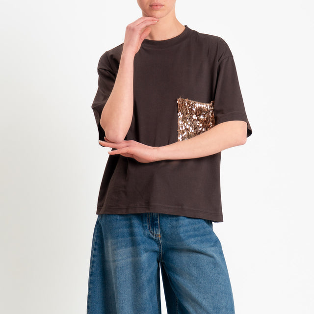 Tensione in-T-shirt tasca paillettes - moro/bronzo