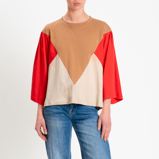 Tensione in-T-shirt multicolor - cammello/rosso/avorio
