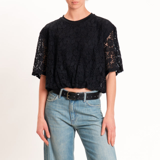 Tensione in-T-shirt in pizzo elastico in vita - nero