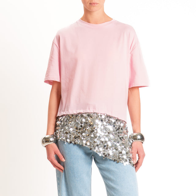 Tensione in-T-shirt doppio tessuto con paillettes - rosa/argento