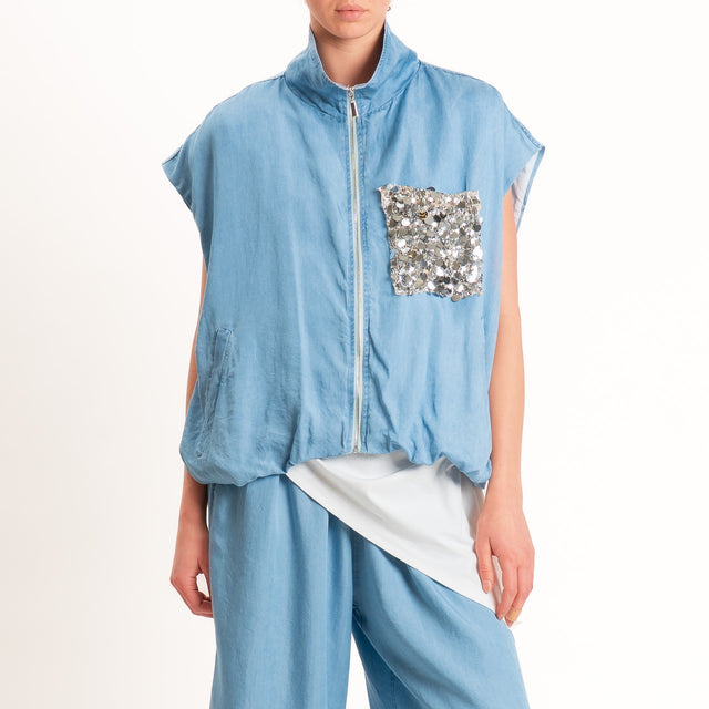 Tensione in-Gilet chambray tasca paillettes - denim chiaro