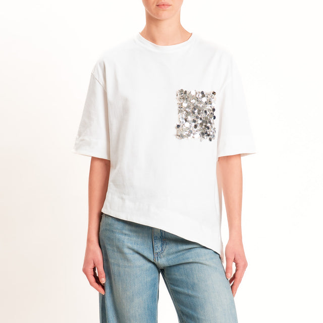 Tensione in-T-shirt asimmetrica tasca paillettes - bianco/argento