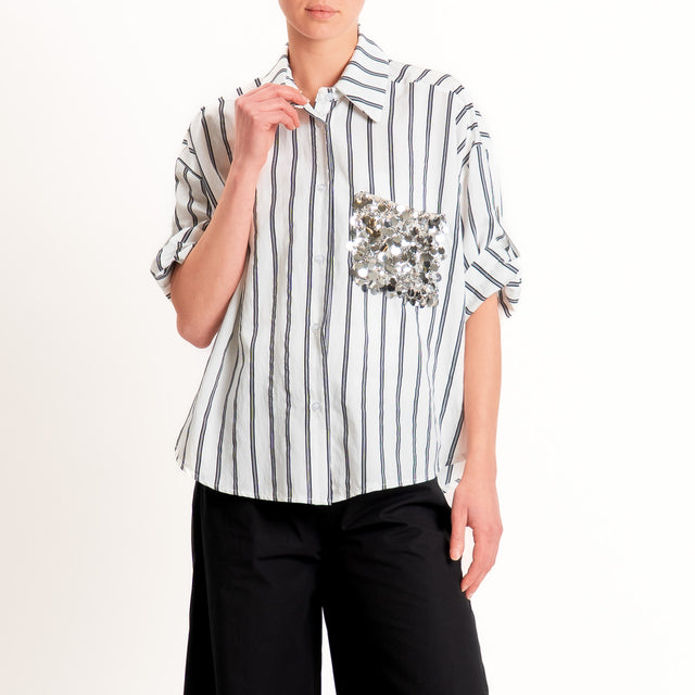 Tensione in-Camicia righe tasca paillettes - bianco/nero