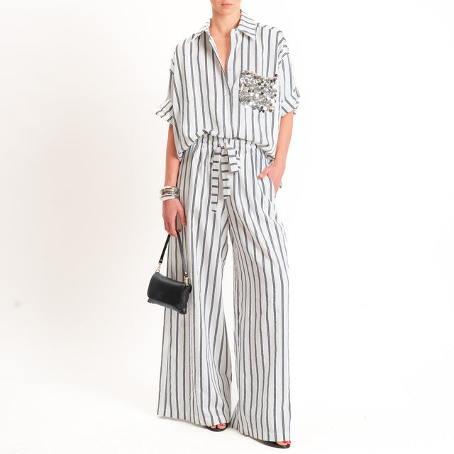 Tensione in-Pantalone wide leg a righe elastico in vita - bianco/nero