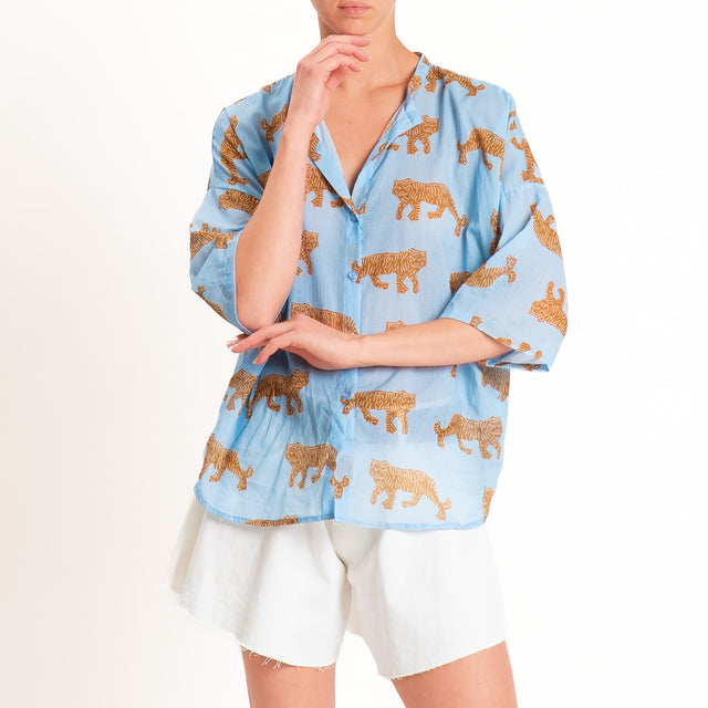 Tensione in-Camicia mussola fantasia tigri - celeste/moro