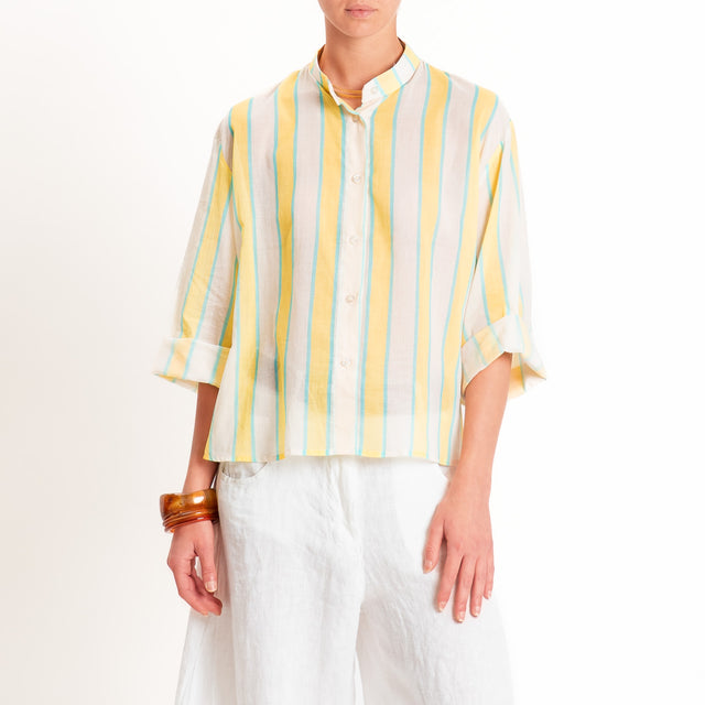 Tensione in-Camicia righe mussola collo coreana - lime/burro/acqua
