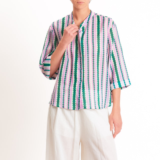 Tensione in-Camicia in mussola fantasia collo coreana - verde/rosa/burro