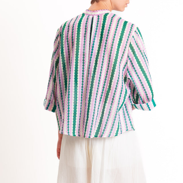 Tensione in-Camicia in mussola fantasia collo coreana - verde/rosa/burro
