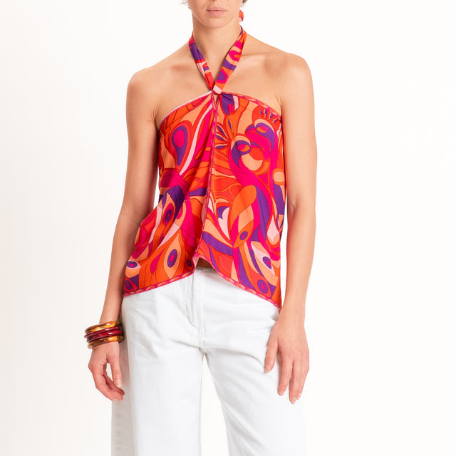 Tensione in-Top scollo halter fantasia optical - corallo/viola/arancio
