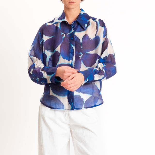 Tensione in-Camicia mussola fantasia fiori - inchiostro/burro/turchese