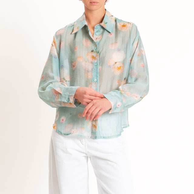 Tensione in-Camicia mussola fantasia fiori - acqua/peach