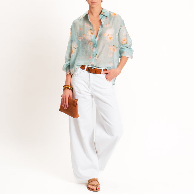 Tensione in-Camicia mussola fantasia fiori - acqua/peach