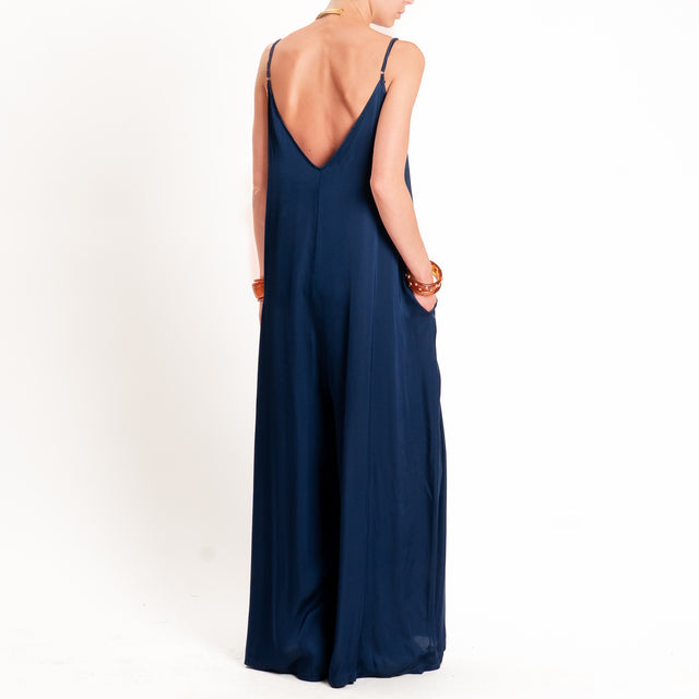 Tensione in-Tuta satin doppio scollo v con tasche - blu
