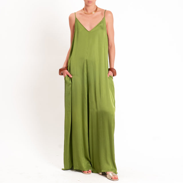 Tensione in-Tuta satin doppio scollo v con tasche - olive