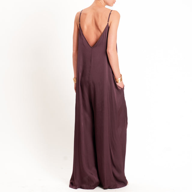 Tensione in-Tuta satin doppio scollo v con tasche - burgundy