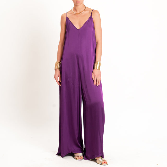 Tensione in-Tuta satin doppio scollo v con tasche - viola
