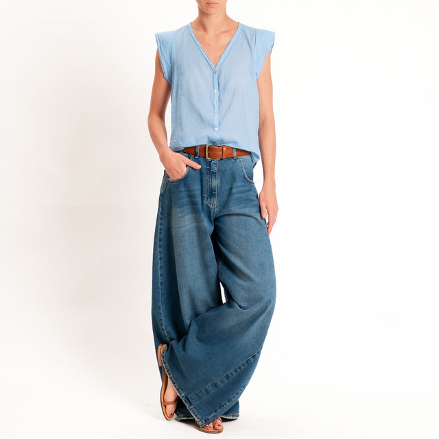 Tensione in-Camicia mussola smanicata scollo v - sky