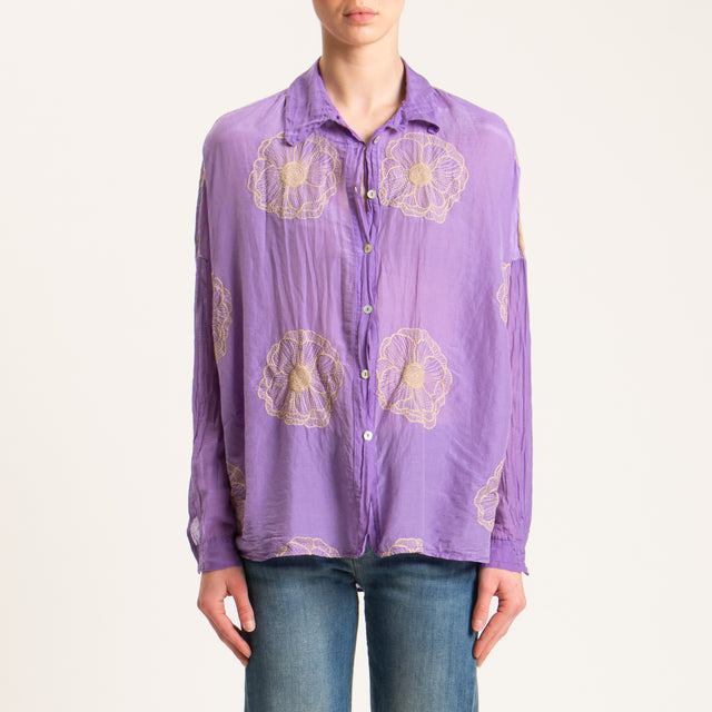 Tensione in-Camicia mussola misto seta con ricami - bouganville/beige