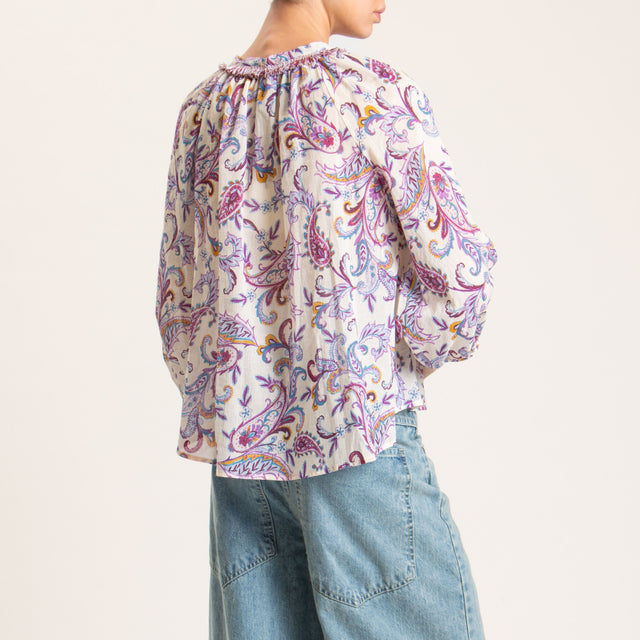 Tensione in-Blusa mussola fantasia con nappine - latte/avio/bouganville