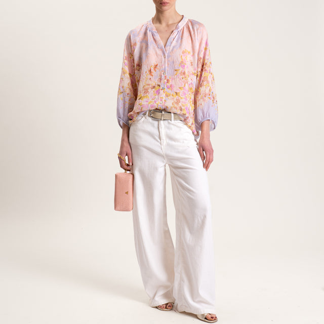 Tensione in-Camicia mussola tencel fantasia floreale collo coreana - rosa/olio/polvere