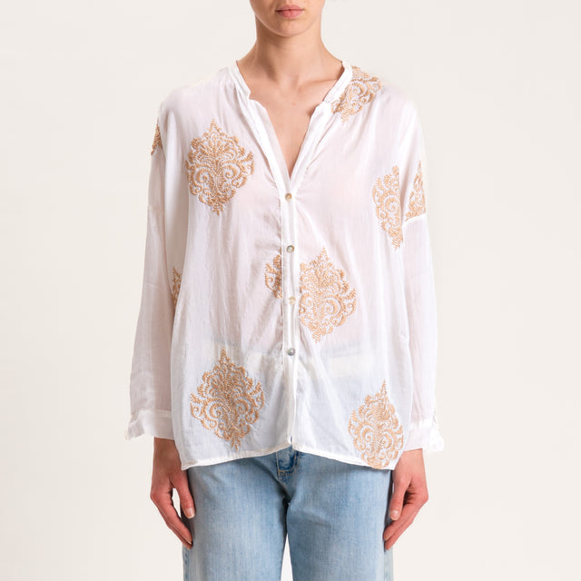 Tensione in-Camicia mussola misto seta con ricami - bianco/biscotto
