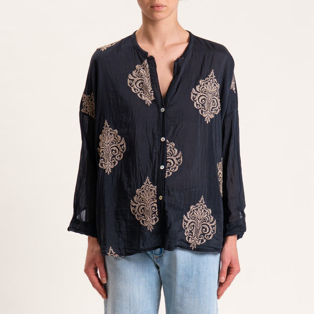 Tensione in-Camicia mussola misto seta con ricami - nero/taupe