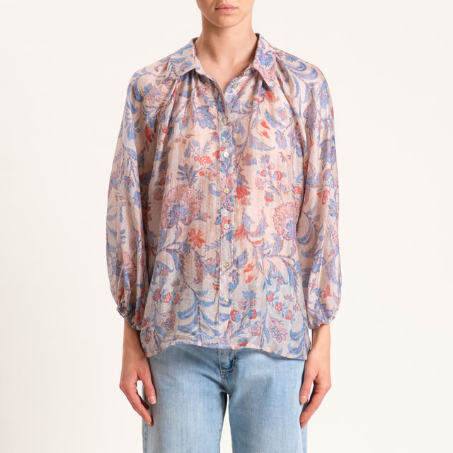 Tensione in-Camicia in mussola lyocell fantasia - sand/azzurro/cherry