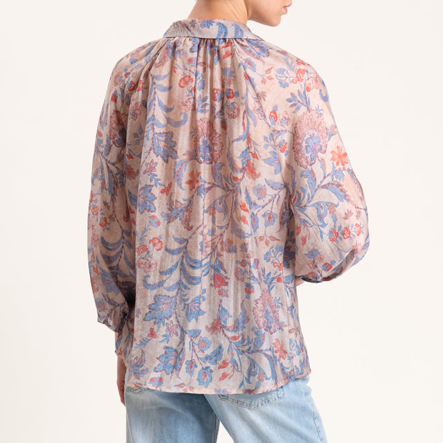 Tensione in-Camicia in mussola lyocell fantasia - sand/azzurro/cherry