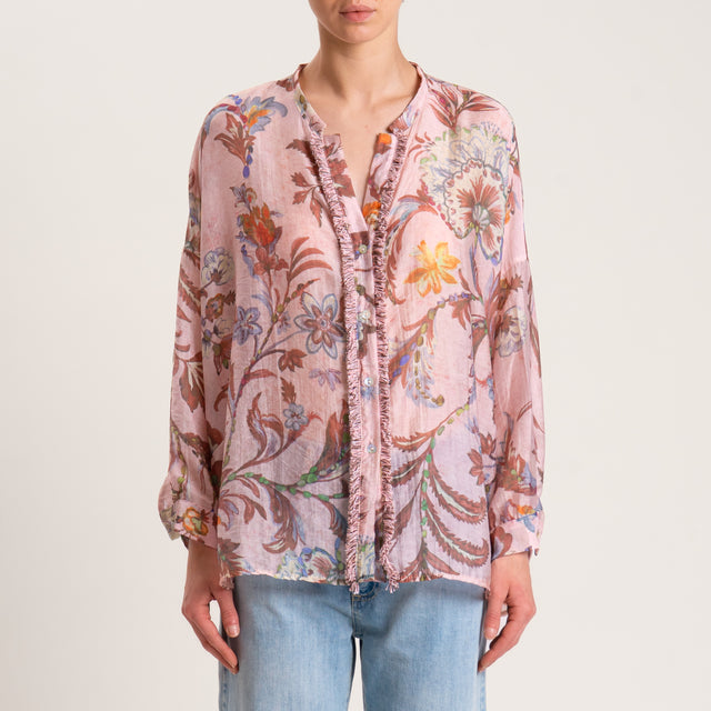 Camisa de muselina de lyocell fantasía - rosa/marrón oscuro/verde
