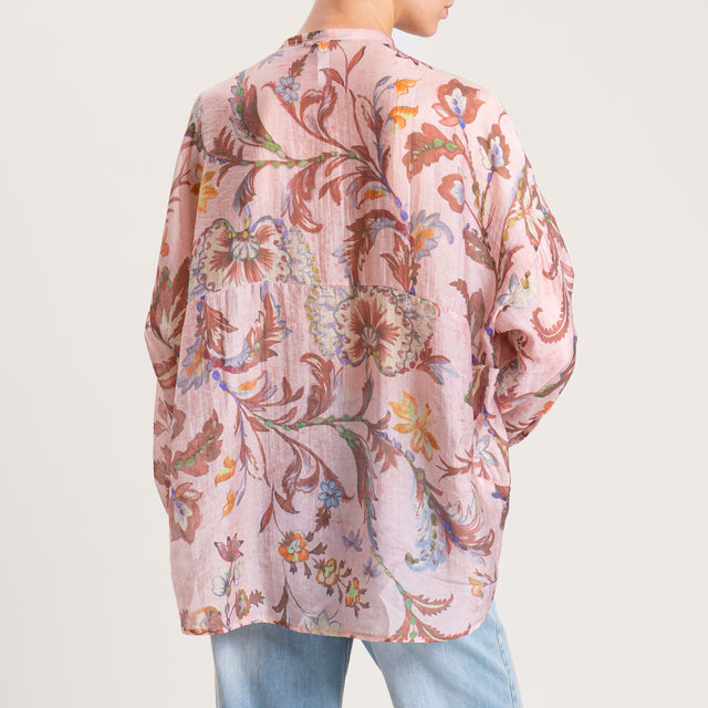 Camisa de muselina de lyocell fantasía - rosa/marrón oscuro/verde